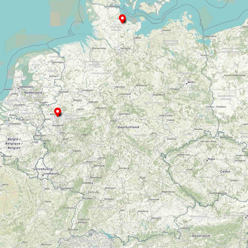 Diese Standortkarte von Deutschland zeigt Markierungen für die Corpus Titanium Büros in Kiel und Oberhausen.